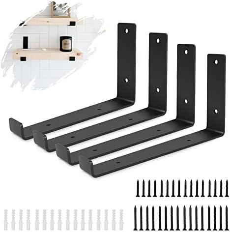 Black Shelf Bracket, 4 PCS Heavy Duty Shelf Brackets Industrial Shelf Bracket L Shape Right Angle Corner Bracket for Wall Mounted Shelve with Matching Screw and Anchors(5.5 x 9 inch)
