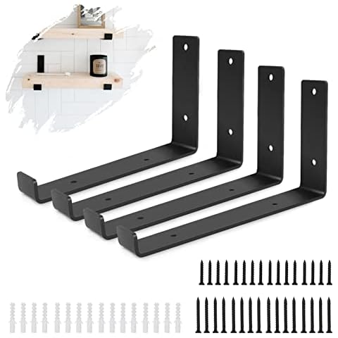 Black Shelf Bracket, 4 PCS Heavy Duty Shelf Brackets Industrial Shelf Bracket L Shape Right Angle Corner Bracket for Wall Mounted Shelve with Matching Screw and Anchors(5.5 x 8 inch) Cover
