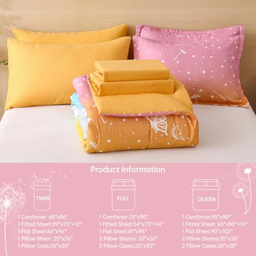 Image of Dinjoy Girls Comforter Set 5 Pieces, Twin Size Colorful Ombre Rainbow Bedding Set, Bed in A Bag for Kid Teen Girls (1 Comforter, 1 Flat Sheet, 1 Fitted Sheet, 1 Pillow Shams, 1 Pillowcases)