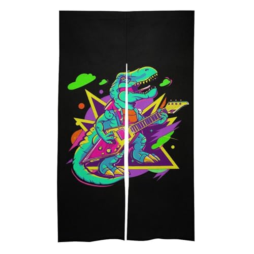 Rock Dinosaur Guitar Noren Doorway Split Shower Curtain Long Type Window Treatment for Privacy Partition Divider
