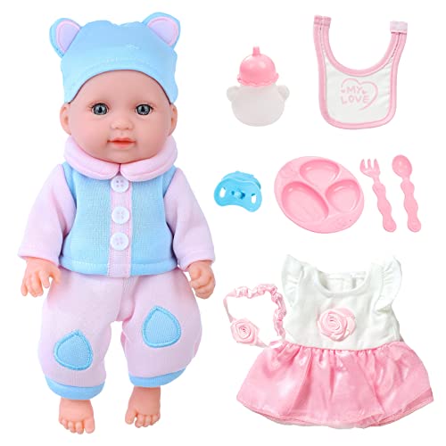 VAWMJOT 11 Inch Baby Doll with Doll Clothes and Accessories Feeding Pretend Playset- Newborn Baby Doll with 2 Pieces Clothes, Bottle, Nipples,Cutlery and Bib