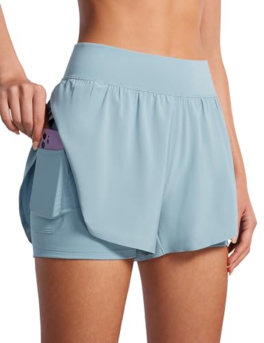 CRZ YOGA 2 in 1 Dolphin Running Shorts for Women High Waisted Gym Workout Athletic Tennis Shorts with Pockets Split Light Grayish Blue Medium