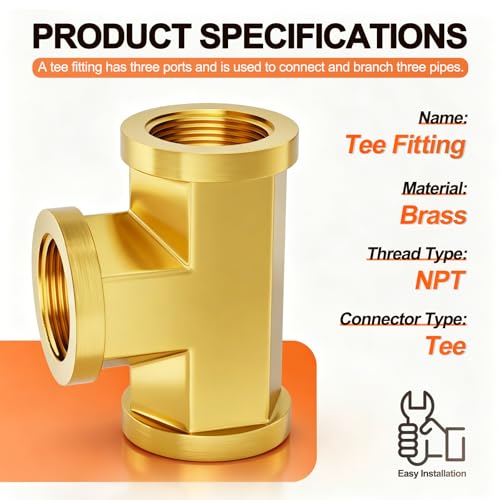 Image of GASHER 8Pcs Brass Tee Fitting, 1 /4 inch x 1 /4 inch x 1 /4 inch NPT Female Pipe Fittings