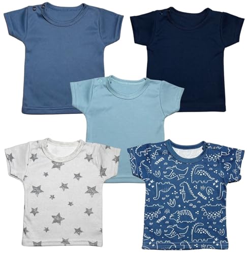 KIDS STYLE Baby Jungen T-Shirt Reine Baumwolle Kurzarm Shirts Unterhemden Set, Bekleidungsgröße: 98, Farbe: Set 7 5er Pack Dino Sterne Blau Grau