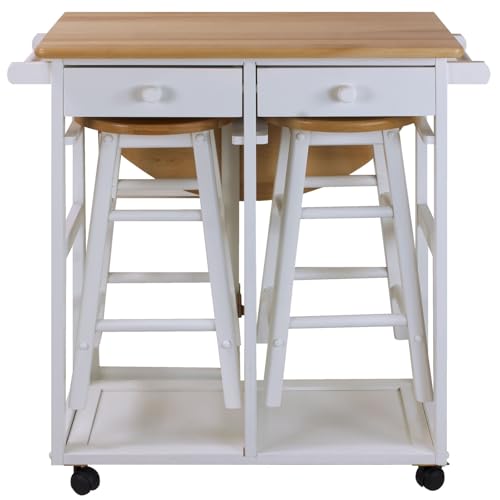 Casual Home Drop Leaf Breakfast Cart with 2 Stools-White, 32'D x 29.75'W x 33'H