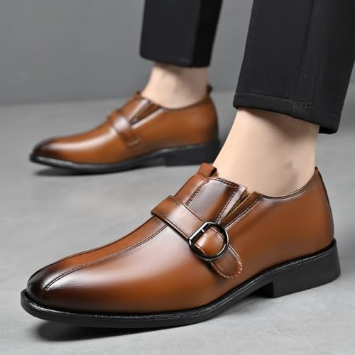 Mens Retro Comfort Slip On Monk Buckle Loafers Pointed-Toe Low Heel Polishing Leather Formal Tuxedo Shoes Fashion Business Dress Oxford Shoes for Formal Business Wedding4