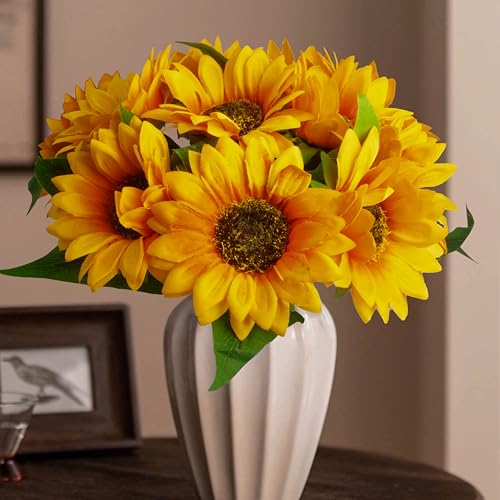 DBCMEW Artificial Sunflowers 10pcs Large Single Stem Silk Fake Sunflowers Ideal for DIY Craft/Wedding/Birthday Party/Outdoor/Office/Home DecorationNO VASE
