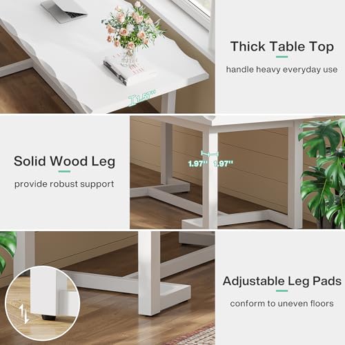 Image of Tribesigns 63 Inches Computer Desk, Rectangular Writing Table with Solid Wood Legs and Thickened Desktop for Work Study, Modern Simple Executive Desk Workstation for Home Office (White)