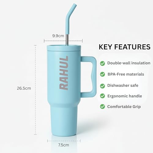 Image of Speedex 1200 ml Customized Name Insulated Stainless Steel Tumbler with Handle, Straw & Cleaning Brush, Personalized Sipper Bottle, Double Wall Leakproof Travel Mug Gift (Sky Blue, 1.2 l)