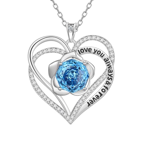 Birthstone Love Heart Pendant Necklace - 925 Sterling Silver Rose Cut Cubic Zirconia I Love You Necklace Anniversary Birthday Jewelry Gift for Women Wife Mom Daughter