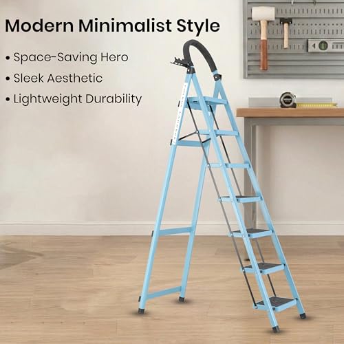 Image of Teal Blue 7 Step Ladder for Home Use with Built-in Tool Tray | Heavy Duty D Shape Rods | Ultra Large Platform | Wide Rubber Feet | 150Kg Capacity Foldable Ladder - 7 Years Warranty