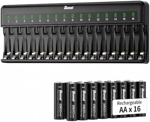 BONAI Cargador de Batería de 16 Ranuras con 16 Piezas de 2800mAh AA Ni-MH Pilas Recargables, Caragdor de Pilas para Recargables AA y AAA Ni-MH con Carga Inteligente e Independiente, Indicador Led
