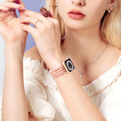 Image of MOFREE Beaded Bracelet Compatible for Apple Watch Band 38mm 40mm 41mm 42mm 44mm 45mm Women,Fashion Handmade Elastic Stretch Strap for iWatch Series SE 8 7 6 5 4 3 2 1
