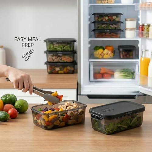 Image of GO STORE Pack of 2 Fridge Storage Containers (1000 ML) Freezer Safe Boxes for Kitchen Meal Prep, Vegetables, Fruits, Snacks, Stackable Space Saving Organizer