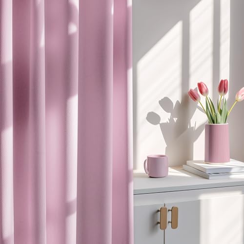 Image of FMFUNCTEX 100% Blackout Curtains for Bedroom, Blush Pink Curtains 63 Inch Length Textured Thermal Insulated Curtains for Girls Room Drapes, Black Out Drapery Grommet Living Room Darkening 2 Panels