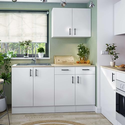 Miroytengo Pack de Muebles de Cocina Kira Modular en Blanco Brillo y Roble Canadian Fregadero 4 Módulos Puertas Cajones Estantes