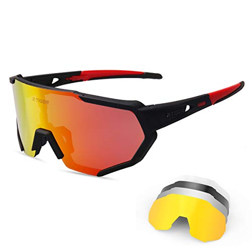 X-TIGER Lunettes de Cyclisme Lunettes de Sport Soleil Polarisées Tr90 Cadre Super Léger avec 3 ou 5 Verres Interchangeables Protection UV400 pour Hommes et Femmes pour Sport Les Activités de Plein Air