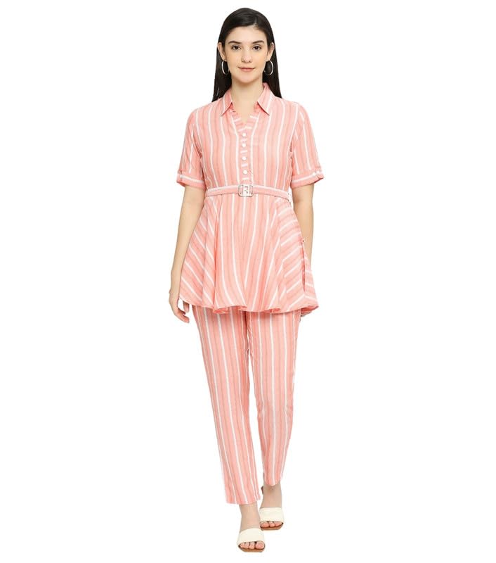 True Shape Cord Set For Women Cotton | Collared Flare Kurta Pant Set With Belt For Fit & Convenient Pockets | Dress For Woman