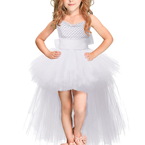 Little Girls Kids Handmade Pageant Tulle Tutu Costumes Fancy Birthday Party Dress Lace Trailing Flower High Low Bridesmaid Dress Wedding First Communion Princess Long Dance Evening Gown White 3-4