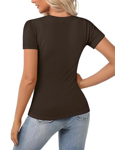 Totatuit Camiseta Basica Mujer Verano Manga Corta Camisetas Elegante de Sexy Blusas Cuello en V Elástico Ligero Sólido Casual Túnica Top Marrón，S