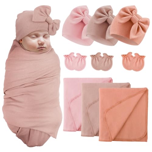 Image of AQOKKA Baby Swaddle Blankets with Bow Hat Mittens Set Infant Receiving Blankets Swaddles for Newborns Unisex Toddler Swaddle Wrap Sets for Baby Girls Boys Nursery Warm Shower Gift