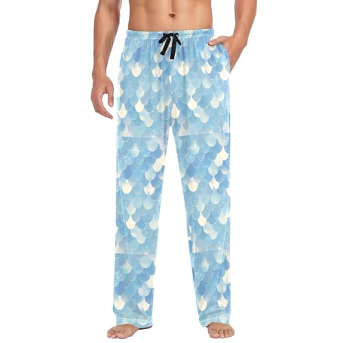 Men's Blue Mermaid Scales Pajama Pants with Pockets - Straight Fit Cotton Sleep Bottoms for Lounge & Nightwear#691