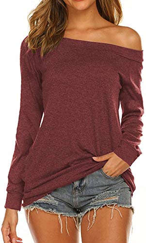 Uniquestyle T Shirt Femmes Manches Longues Chemise Femmes épaules Nues Grande Taille Tunique Blouse Hauts Tops Casual Blouse T-Shirt Orange S Cover
