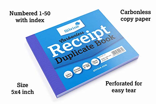 Silvine 5x4 Carbonless Duplicate Receipt Book - Numbered 1-50 with Index Sheet