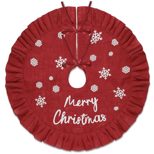 Tatuo 40 Inch Christmas Tree Skirt Linen Burlap Red Tree Skirt with Ruffle Rustic Farmhouse Trees Ornaments Snowflake Xmas Trees Mat for Christmas Indoor Outdoor Decorations