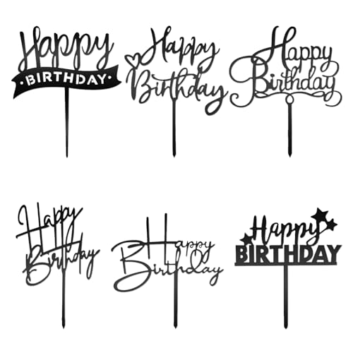6 Pcs Acrylic Happy Birthday Signs - Black Cake Toppers for Cake Decorations - Personalized Cupcake Toppers & Inserts