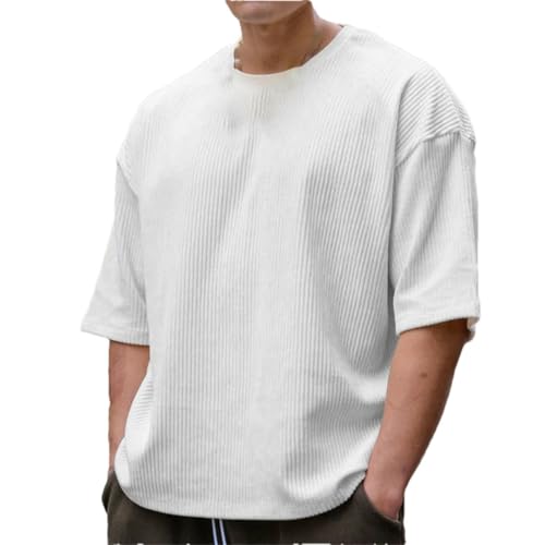 Men's Corduroy Loose T Shirt Summer Crewneck Cotton Running Loose Short Sleeve