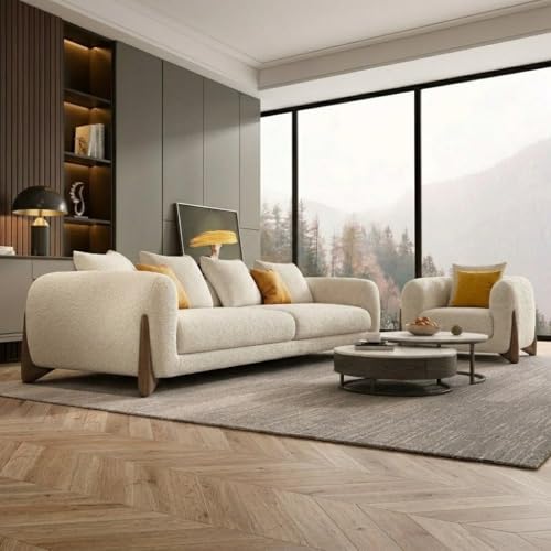 Image of Modern Sofa, Teddy Fabric, Chesterfield Style, Wooden Legs, for Living Room, Bedroom, Hallways (3+1 Seater)