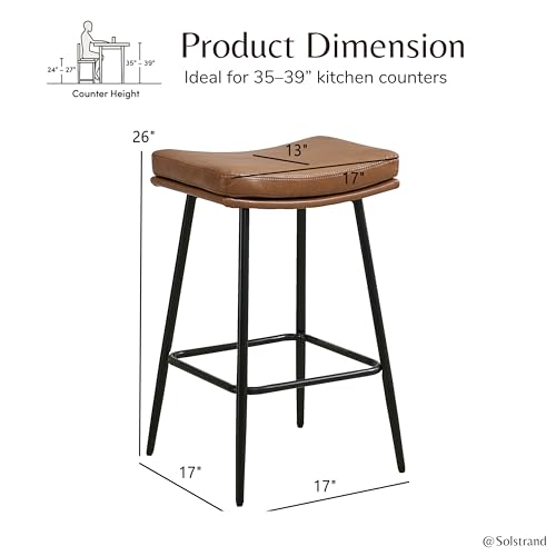 Image of Solstrand Saddle Bar Stools Set of 2,Counter Height Bar Stools for Kitchen Counter Farmhouse Modern Faux Leather Barstools with Upholstered Backless Seat and Solid Metal Legs, 26 inch Bar Chairs, Brown
