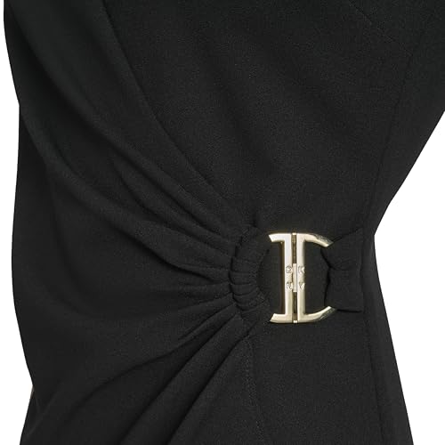 Image of DKNY Women's Sleeveless V-Neck Ruched D Buckle Hardware Faux Wrap Dress