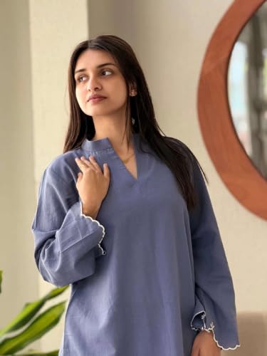 Image of ANNI Designer Women Viscose Embroidered Straight Kurta with Palazzo | V Neck Long Sleeve Kurta Set | Ethnic Kurta Palazzo Set for Women