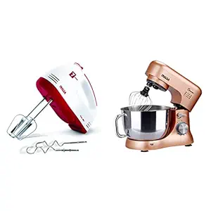 Inalsa Hand Mixer Easy Mix | Powerful 250 Watt Motor | Variable 7 Speed Control | 1 Year Warranty | (White/Red) & Inalsa Stand Mixer Kratos-1000W with 5L SS Bowl| Includes Whisking Cone