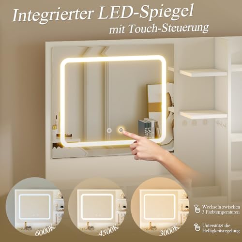 Coleshome Schminktisch mit Beleuchtung LED Spiegel und Steckdose, Kosmetiktisch mit Schubladen, Organizer und Regal, Moderner Frisiertisch für Schlafzimmer, Weiß 90x40x136cm