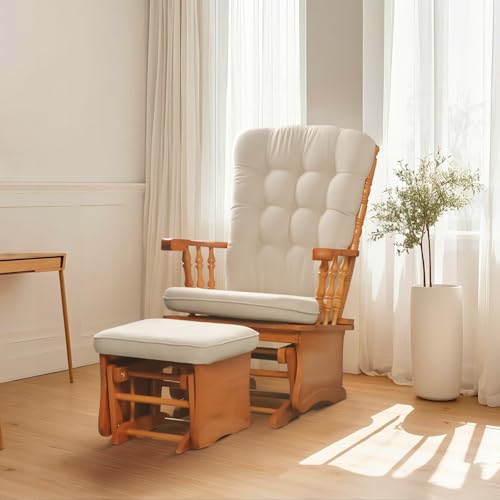Image of Solid Wood Anti-Pinching Rocking Glider Chair with Ottoman Cushion Set, Nursery Rocking Chair for Living Room Bedroom Reading Room, Honey