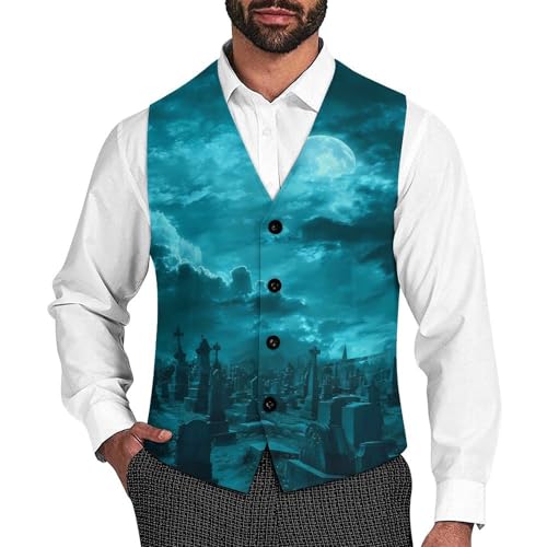 Halloween Cemetery Night Moon Men's Suit Vest Slim Fit Business Dress Party Pattern Waistcoat Vest Top