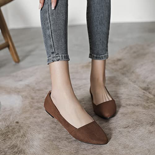 Ataiwee Women's Wide Width Flat Shoes, Classic Casual Pointed Suede Cozy Slip On Soft Sole Ballet Flats.(1908076-7,Br/Mf,7 Wide) #TOP4