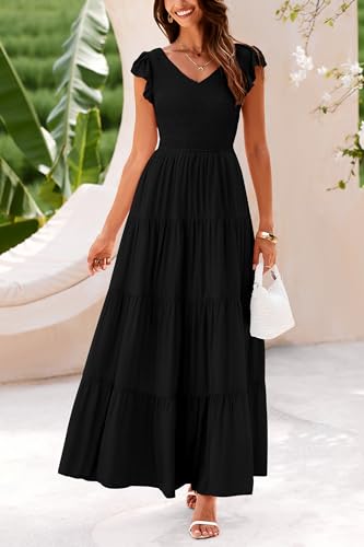 Prettygarden Women'S Summer Flowy Maxi Dress Casual Cap Sleeve V Neck Smocked Beach Sundress thumb #2