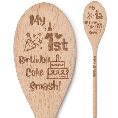 First Birthday Photoshoot Props Smash Cake Spoon Keepsak 1 Year Old Birthday Decoration Cake Smash Props 1st Photo for Baby Boy Girl Decor, Engraved Wood Spoon 10×2 in