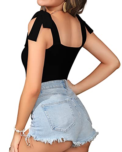 Mangopop Women's Square Neck Sleeveless Tank Tops Tie Shoulder Bodysuits Jumpsuits Clubwear (Short Sleeve Black, Small) #TOP2
