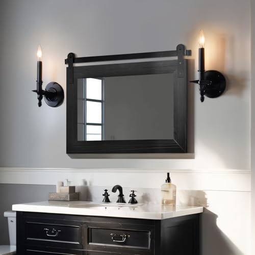 Image of COGOOD Bathroom Mirrors for Over Sink - 29 x 22 Farmhouse Barn Door Wall Mirror for Bathroom, Living Room, Entryway Wall Decor Black