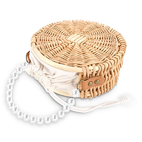 Round Rattan Bag, welltop Beach Rattan Bag, Pearl Chain BaliÂ RattanÂ RoundÂ Bag Straw Rattan Bags for Women Bohemian Straw Basket Wicker Handwoven Handbag Vacation Essential Cute Straw Totes