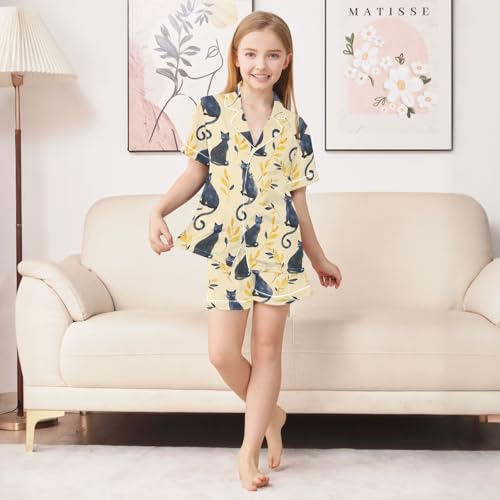 Watercolor Black Cat and Leaf Summer Satin Pajama Set, Cute Button-Down Sleepwear Pj Set for Sleep Wears3