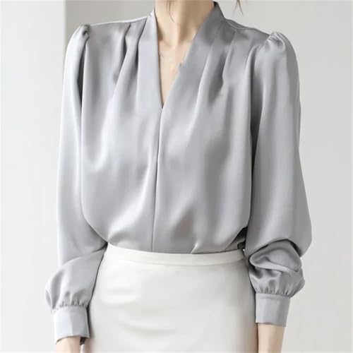 Women's Satin V-Neck Casual Shirts Long Sleeve Oversize Pullover Blouses Office Tops2