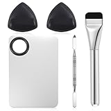 Stainless Steel Makeup Palette, Metal Mixing Tray with Foundation Brush, Spatula and Powder Puff Professional Reusable Beauty Tools for Facial Cosmetic, Nail Art, Pigment Blending