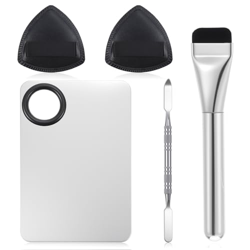 Stainless Steel Makeup Palette, Metal Mixing Tray with Foundation Brush, Spatula and Powder Puff Professional Reusable Beauty Tools for Facial Cosmetic, Nail Art, Pigment Blending