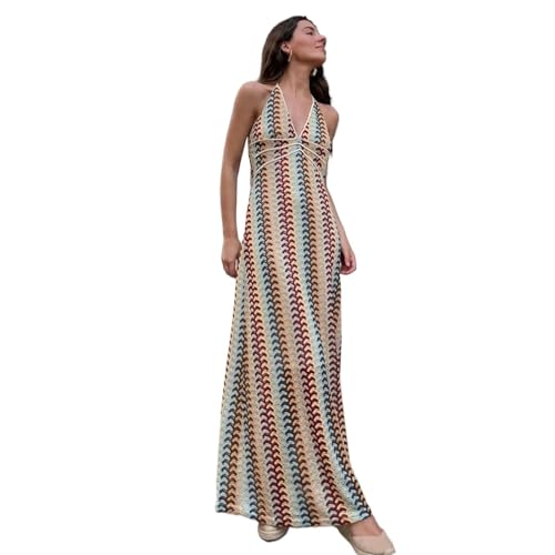 ZHONGZD Vestido Playero Sin Espalda Para Mujer, Cuello Halter, Escote En V Profundo, Tirantes Finos, Vestido Largo